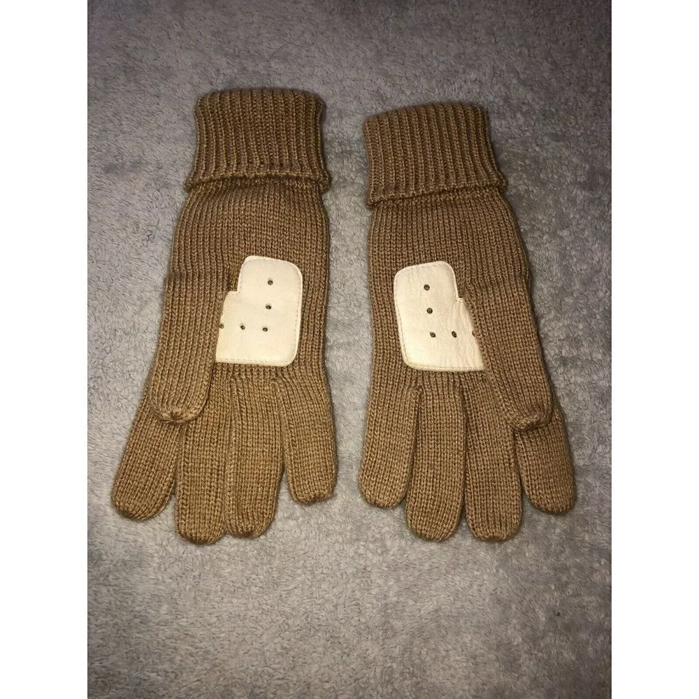 Vintage Ivory Leather Medium Brown Knit Ribbed Cuff Winter Gloves